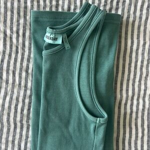 Weekday Stella organic cotton midi tank dress in washed green teal